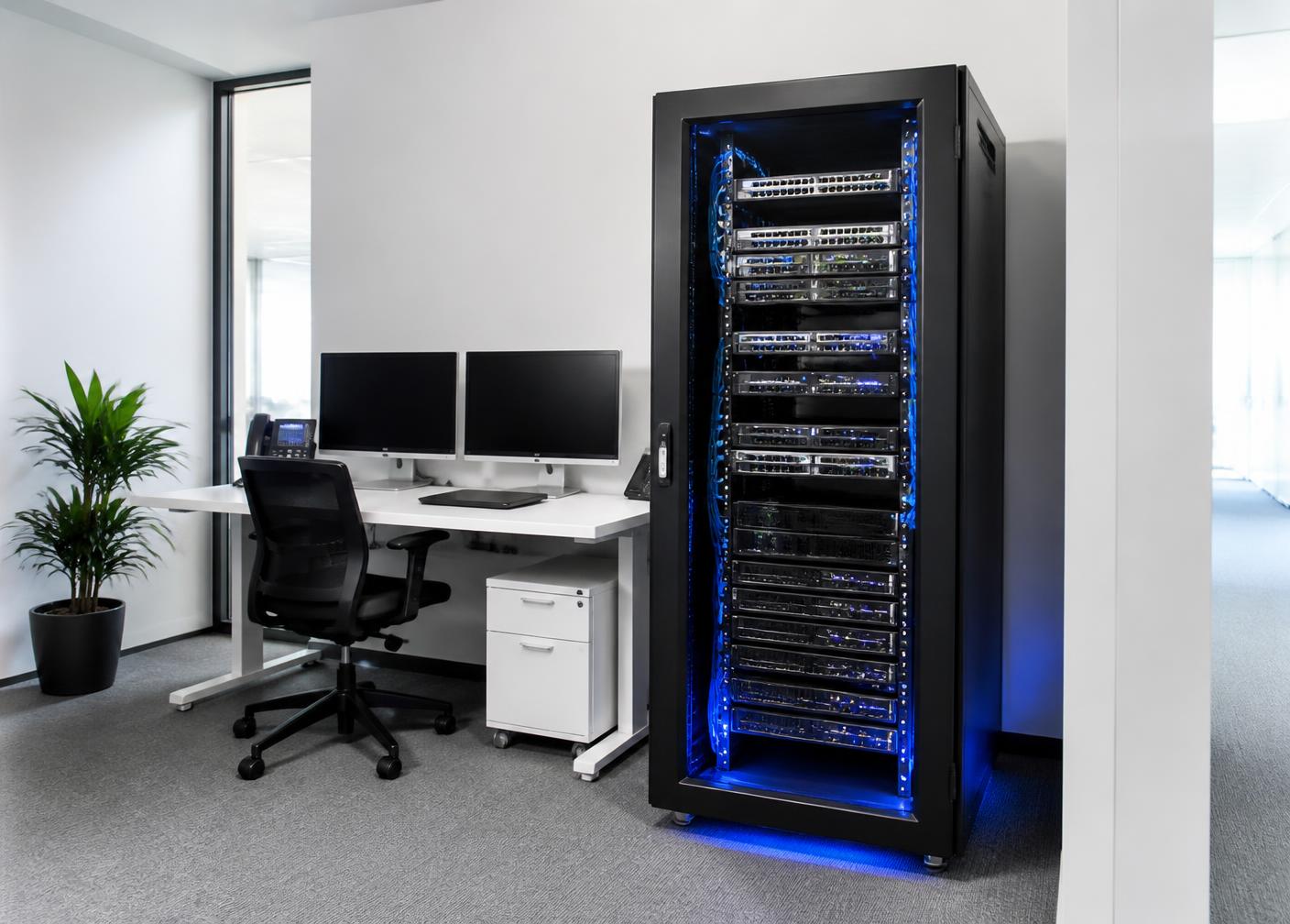 Serverschrank und Arbeitsplatz in einem mittelständischen Büro